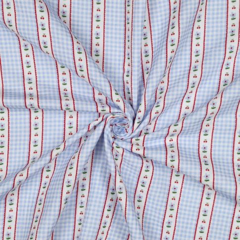 Tissu Coton imprimé Rayures vichy fleuris bleu sur fond Blanc