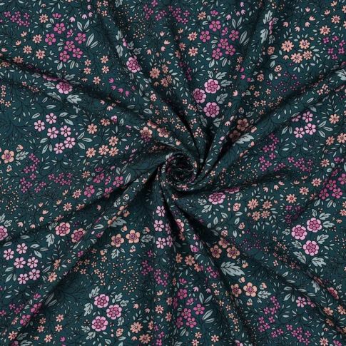 Tissu Viscose Ecovero Fleuris Caméliane sur fond Vert canard