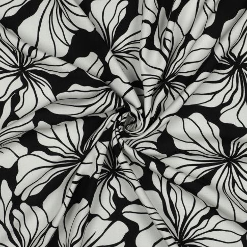 Tissu Viscose imprimé Fleurs Méloria blanches sur fond Noir