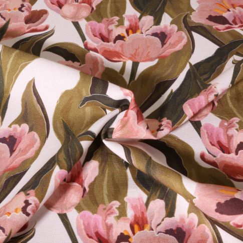 Tissu Toile de Coton Canvas Digital Fleurs botaniques vintage sur fond Ecru