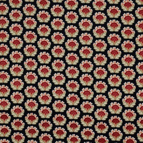 Tissu Velours milleraies Poppy Fleurs mia rouge sur fond Noir