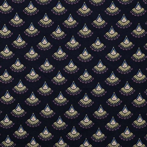 Tissu Velours milleraies Éventail brillant doré sur fond Bleu marine