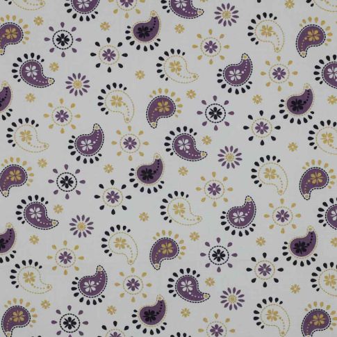 Tissu Popeline de Coton violet  Safranelle sur fond Blanc