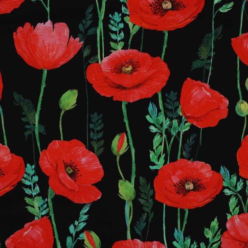 Tissu Coton Satin Coquelicot rouge sur fond Noir