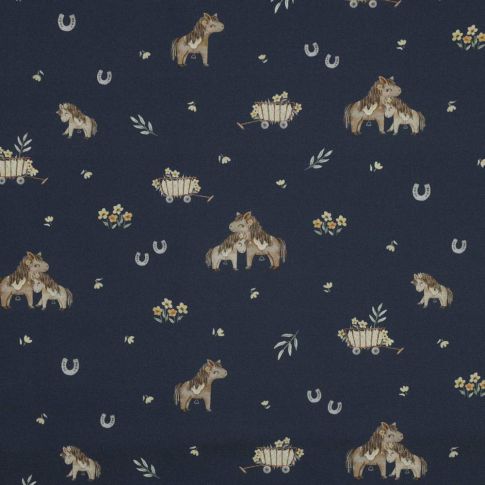 Tissu Popeline de Coton beige Poneya sur fond Bleu marine