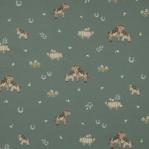 Tissu Popeline de Coton beige Poneya sur fond Vert amande