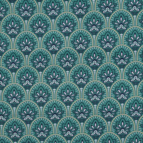 Tissu Coton enduit Art déco sur fond Bleu pétrole
