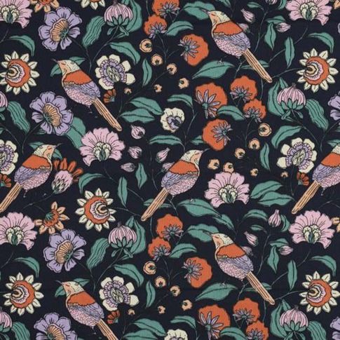 Tissu Coton enduit Fleuris Lua sur fond Bleu foncé