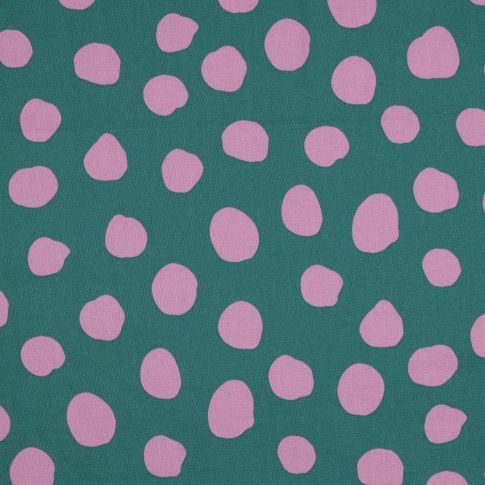 Tissu Coton enduit Pois roses sur fond Vert émeraude
