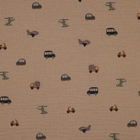 Tissu Double Gaze imprimé Voitures et avions sur fond Cassonade