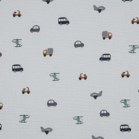 Tissu Double Gaze imprimé Voitures et avions sur fond Blanc