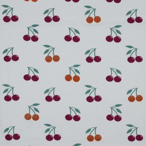 Tissu Jersey Coton Poppy Cerises pailletées sur fond Blanc