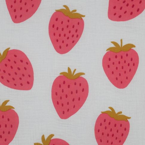 Tissu Double gaze Grandes fraises sur fond Blanc