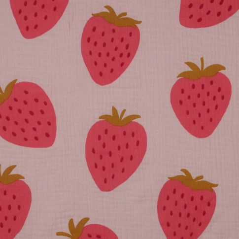 Tissu Double gaze Grandes fraises sur fond Rose