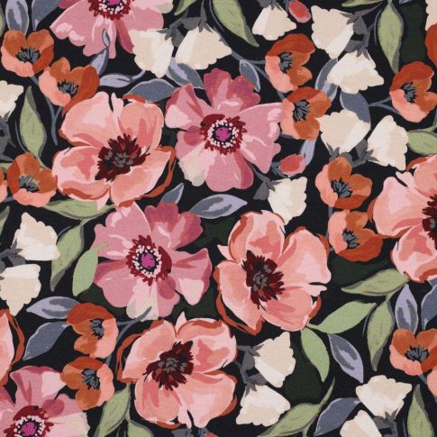Tissu Jersey Coton digital Grandes fleurs pastel sur fond Noir