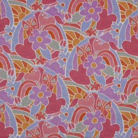 Tissu Sweat léger French Terry Fleurs et licornes sur fond Lilas