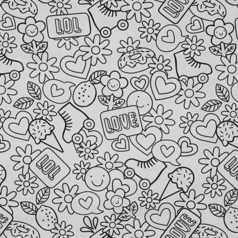 Tissu Coton à colorier Arty Love sur fond Blanc