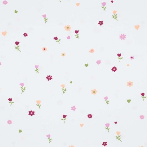 Tissu Jersey Coton Petites fleurs et coeurs sur fond Blanc