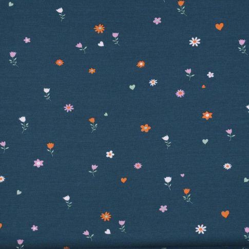 Tissu Jersey Coton Petites fleurs et coeurs sur fond Bleu marine