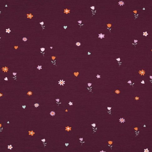 Tissu Jersey Coton Petites fleurs et coeurs sur fond Bordeaux