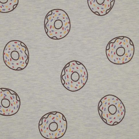 Tissu Jersey Mélangé Donuts pailletés sur fond Ecru chiné