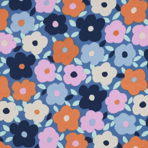 Tissu Sweat envers molleton Poppy Fleurs sur fond Bleu