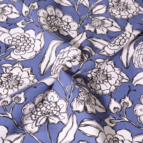 Tissu Toile de Coton Canvas Poppy Fleurs dessinées sur fond Bleu
