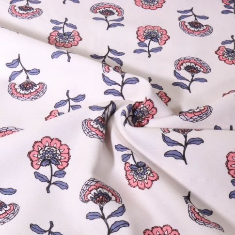 Tissu Toile de Coton Canvas Poppy Fleuris rose et parme sur fond Blanc