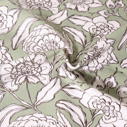 Tissu Toile de Coton Canvas Poppy Fleurs dessinées sur fond Vert amande