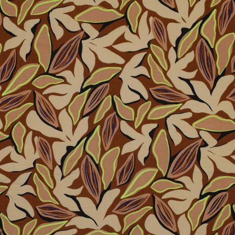 Tissu Viscose Lia feuilles beiges sur fond Marron
