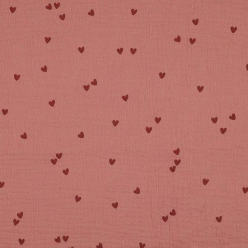 Tissu Double gaze Petits coeurs foncés sur fond Vieux rose
