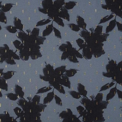 Tissu Viscose Feuilles et pointillés lurex sur fond Bleu ancien