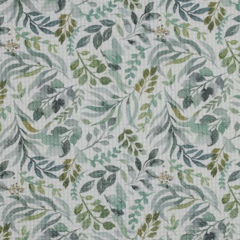 Tissu Nid d'abeille imprimé floral vert sur fond Blanc