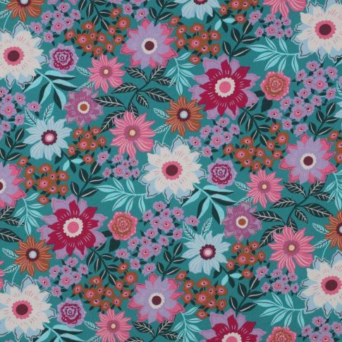 Tissu Popeline de Coton digital Poppy Flowers sur fond Bleu canard