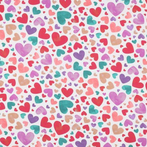Tissu Popeline de Coton digital Poppy Cœurs multicolores sur fond Blanc