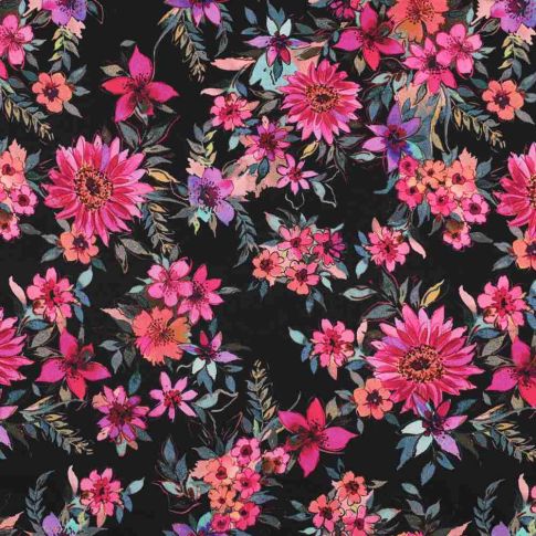 Tissu  Coton  imprimé rose Florazia sur fond Noir profond