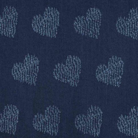 Tissu Jeans Denim coeur plumetis Lovinblue bleu sur fond Bleu marine