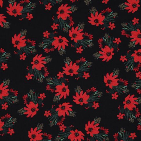 Tissu Viscose Fleurs rouges sur fond Noir