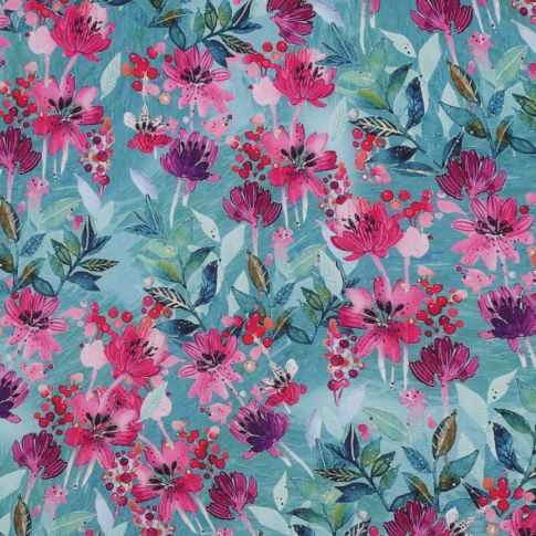 Tissu Viscose Digital Fleuris rose sur fond Bleu canard