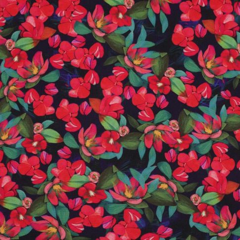 Tissu Viscose Digital Fleuris rouge sur fond Noir