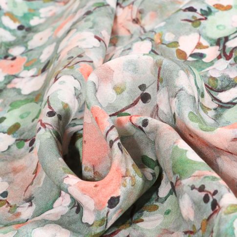 Tissu Viscose Aqua Floraison sur fond Vert d'eau