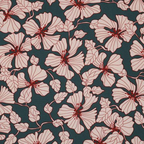 Tissu Viscose Floral sur fond Vert canard