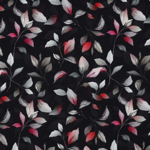Tissu Viscose extensible Feuilles rosées sur fond Noir