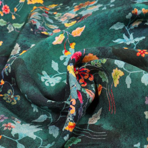 Tissu Viscose Fleurs enchantées sur fond Vert canard
