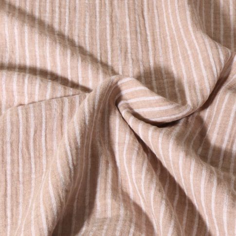 Tissu Double gaze de Coton Poppy Rayé blanc sur fond Beige
