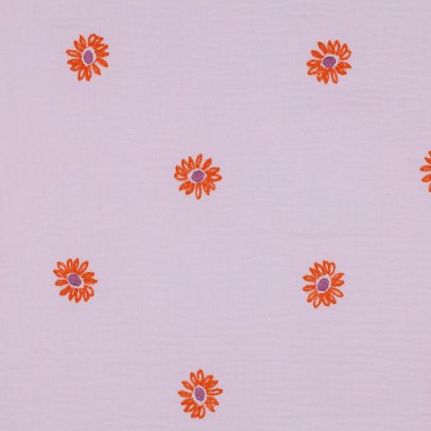 Tissu Double gaze de Coton Poppy Petites fleurs oranges brodées sur fond Lilas