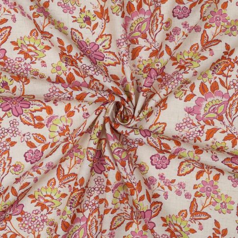 Tissu Lin Viscose imprimé digital Floral rétro Rose, Orange et Vert sur fond Naturel
