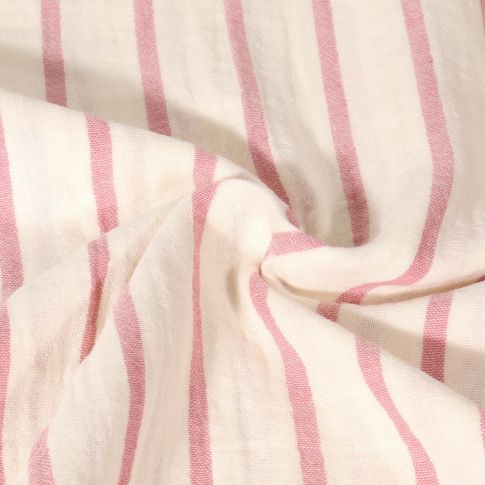 Tissu Double Gaze de Coton Teint en fil rayé rose sur fond Ecru