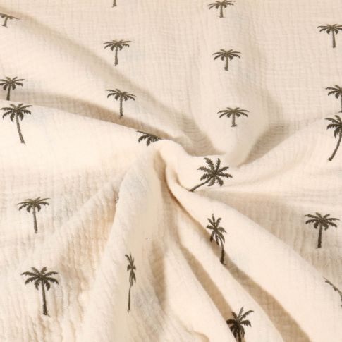 Tissu Double gaze de Coton Poppy Palmiers brodés sur fond Ecru