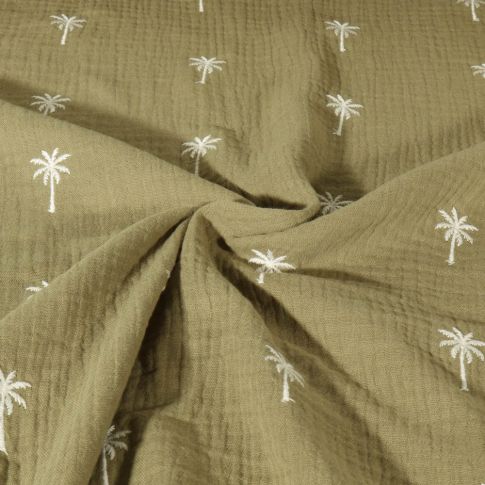 Tissu Double gaze de Coton Poppy Palmiers brodés sur fond Vert kaki